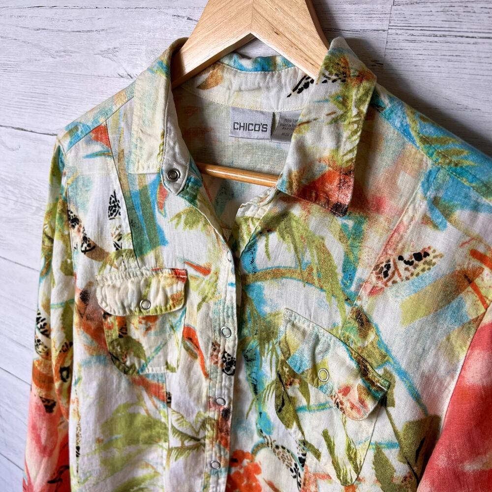 Chicos Shirt Size 1/M Tropical Paradise Print 100% Linen Snap Down Long Sleeve - Picture 6 of 16